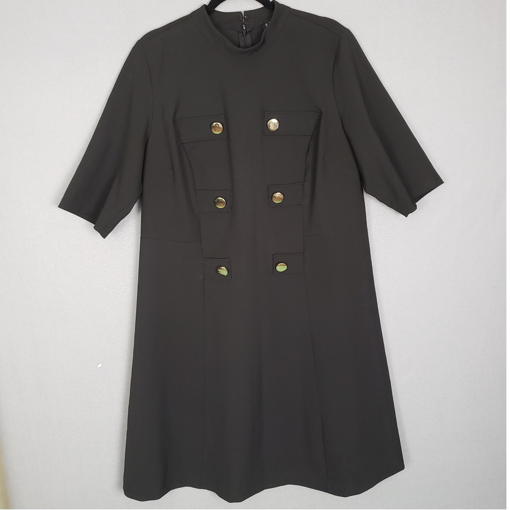 Eloquii Mock Neck Military Midi Dress Black Gold Buttons A-line Classy Size 16 - Picture 2 of 11